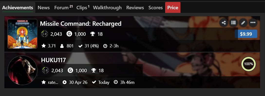 HUKU117's tweet image. Missile Command: Recharged (Xbox One/Xbox Series) 100% Complete

#XboxAchievement #XboxOne #XboxSeries #XboxShare #MissileCommand #MissileCommandRecharged #Atari #AdamvisionStudios #SneakyBoxStudios