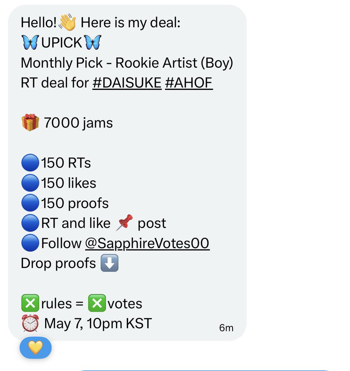 daisukevst's tweet photo. 🦋UPICK🦋
Monthly Pick - Rookie Artist (Boy)
RT deal for #DAISUKE #AHOF 

🎁 7000 jams 

🔵150 RTs
🔵150 likes 
🔵150 proofs 
🔵RT and like 📌 post
🔵Follow @SapphireVotes00
Drop proofs ⬇️

❎rules = ❎votes
⏰ May 7, 10pm KST

#DAISUKE #다이스케 
#AHOF #아홉 https://t.co/r4WICVWmsT