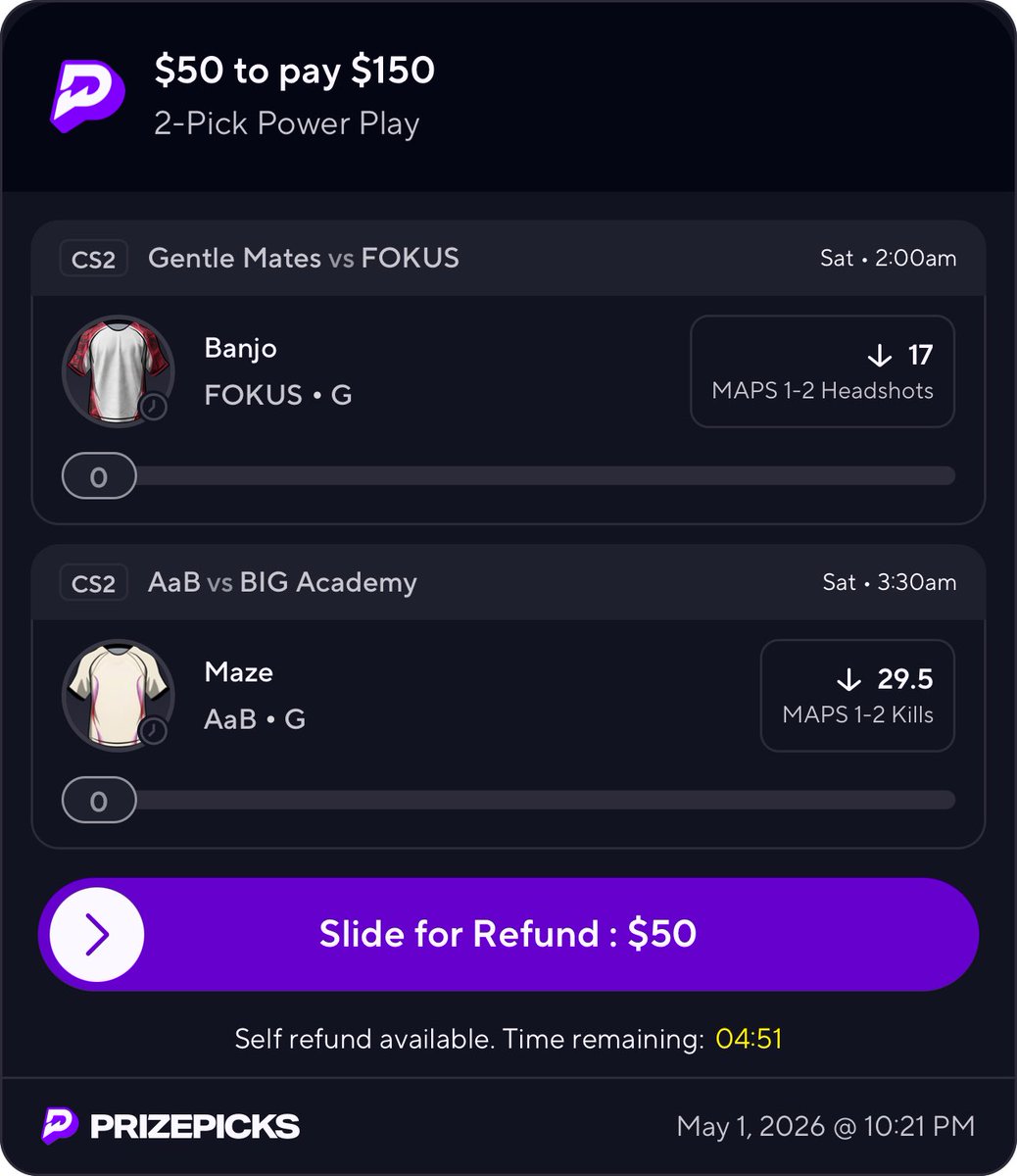 FitzDFS's tweet image. 🍌 CS2 Wake N Cash 

Fitz Model always loves unders! 

Banjo projected for 15.2 (POTD) 
Maze Projected for 26.4

See you at the bank when we cash 🏦 

#Esports #GamblingX #CS2 #PrizePicks