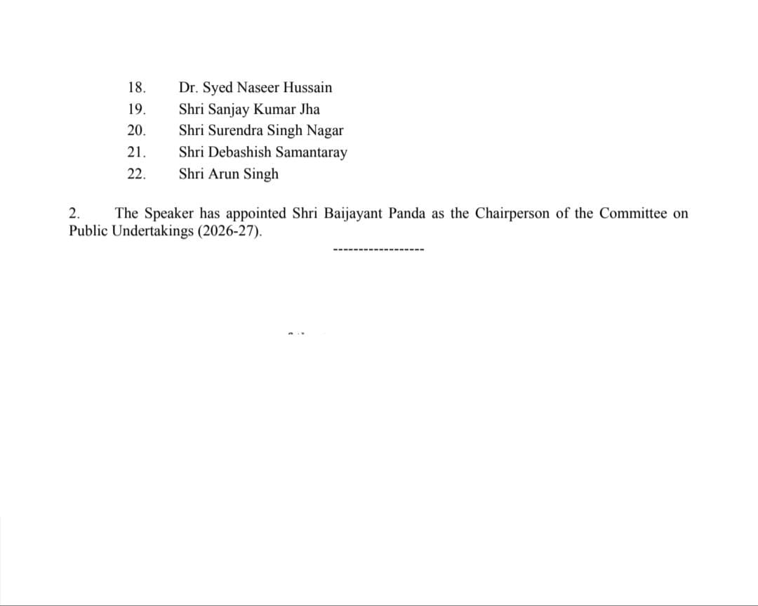 Lok Sabha Speaker <a href="/ombirlakota/">Om Birla</a> has appointed BJP MP #BaijayantJayPanda as the Chairperson of the Committee on #PublicUndertakings (2026-27). <a href="/LokSabhaSectt/">LOK SABHA</a> <a href="/loksabhaspeaker/">Lok Sabha Speaker</a>