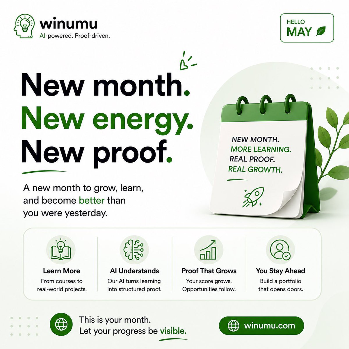 winumu's tweet photo. Welcome to May!

A new month to grow, learn, and become better than you were yesterday.

This time, don’t just go through the process, build something you can show.

Keep learning. Keep building. Keep moving forward.

Let this be the month your progress becomes visible.

💚winumu https://t.co/oyMLLWwqEK