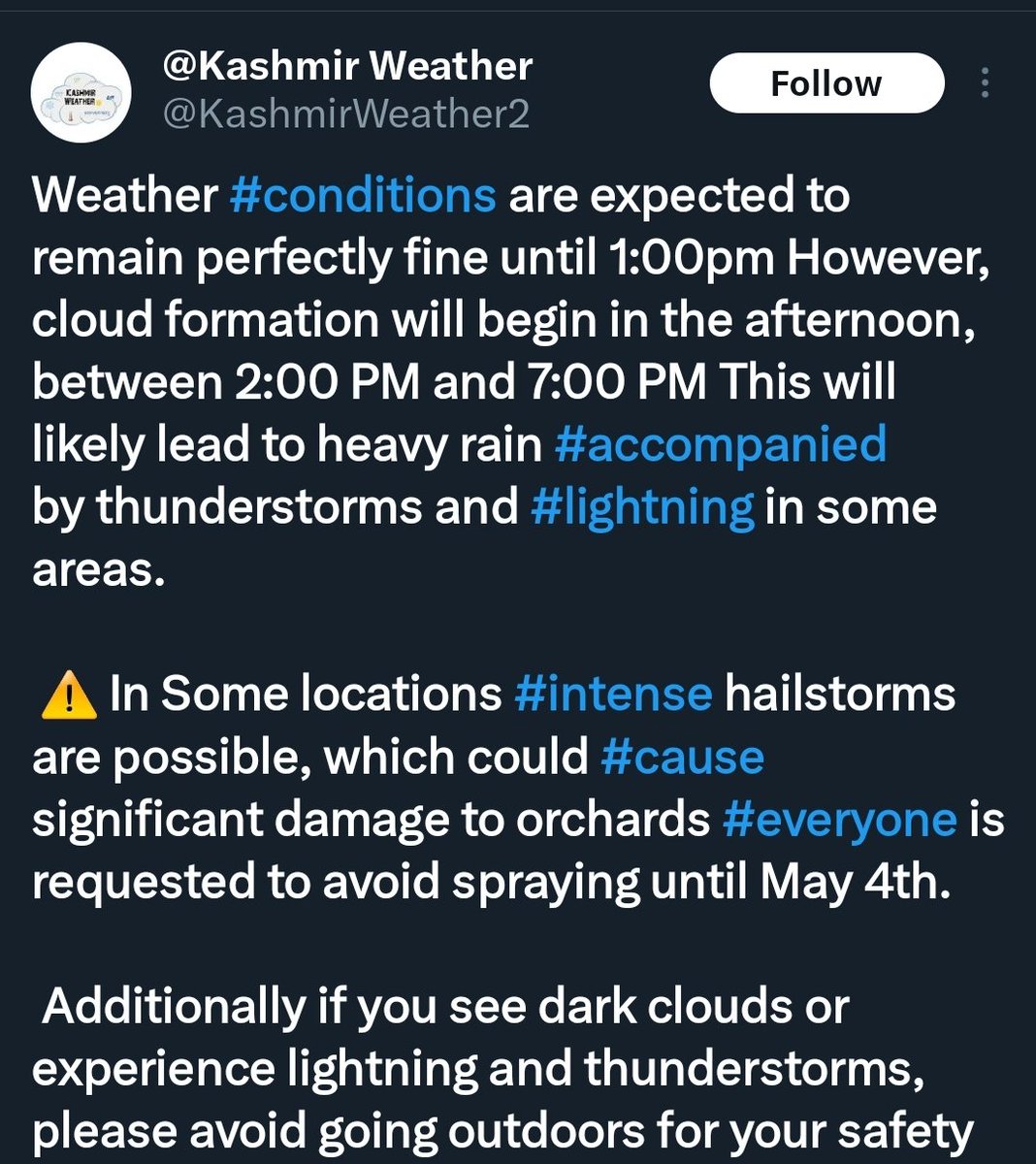kashmiruzma's tweet image. Weather #conditions are expected to remain perfectly fine until 1:00pm However, cloud formation will begin in the afternoon, between 2:00 PM and 7:00 PM This will likely lead to heavy rain #accompanied by thunderstorms and #lightning in some areas.

 ⚠️ ​In Some locations