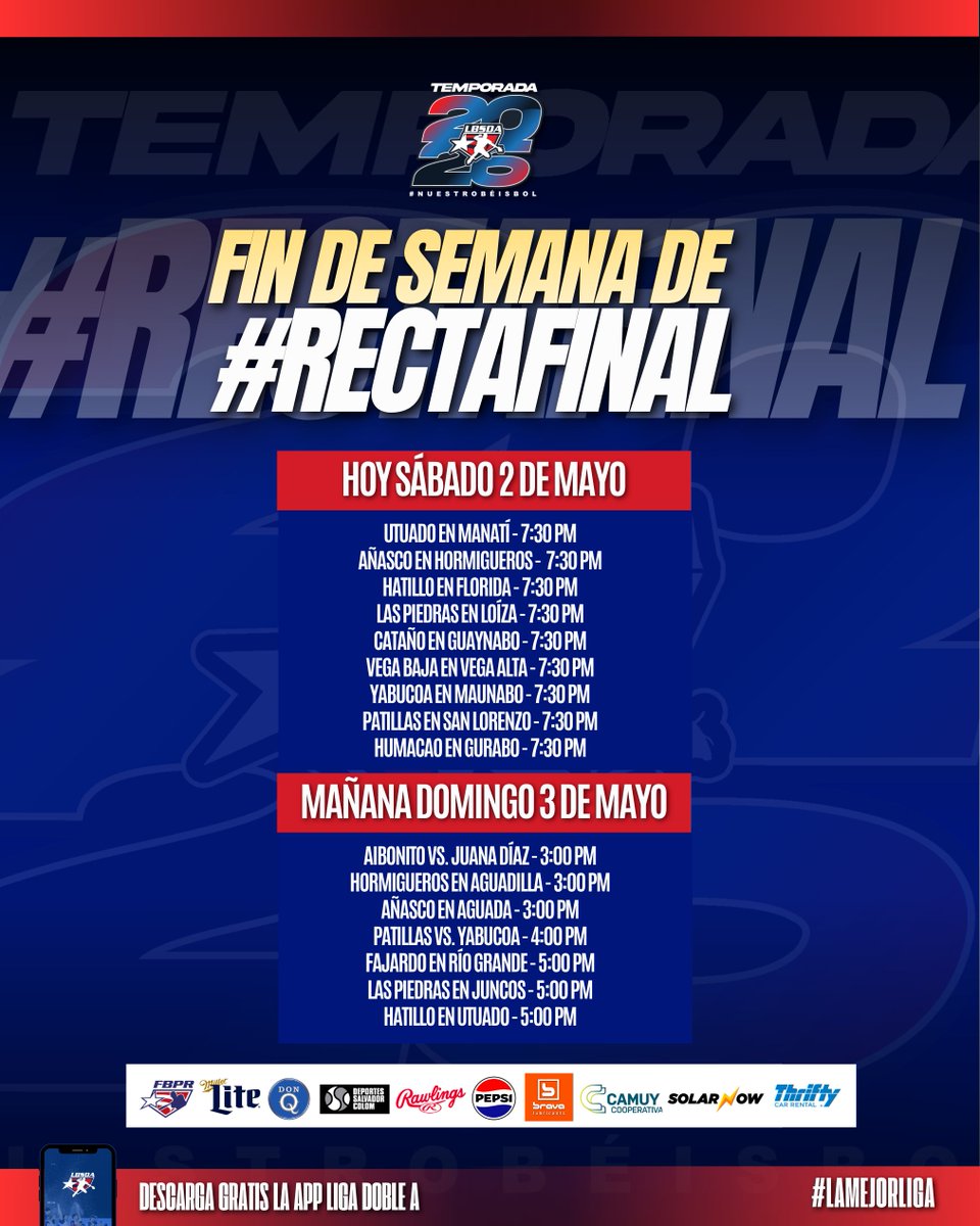 BeisbolDobleA's tweet photo. ¡Sábado y domingo de #RectaFinal!
🎟️ Boletos a $9 en https://t.co/QVeG0R8kDB
📲 Para más detalles accede a https://t.co/HVOW36N2yc o baja gratis en tu celular la app Liga Doble A.
#LigaDobleA https://t.co/j6XZB7RSis