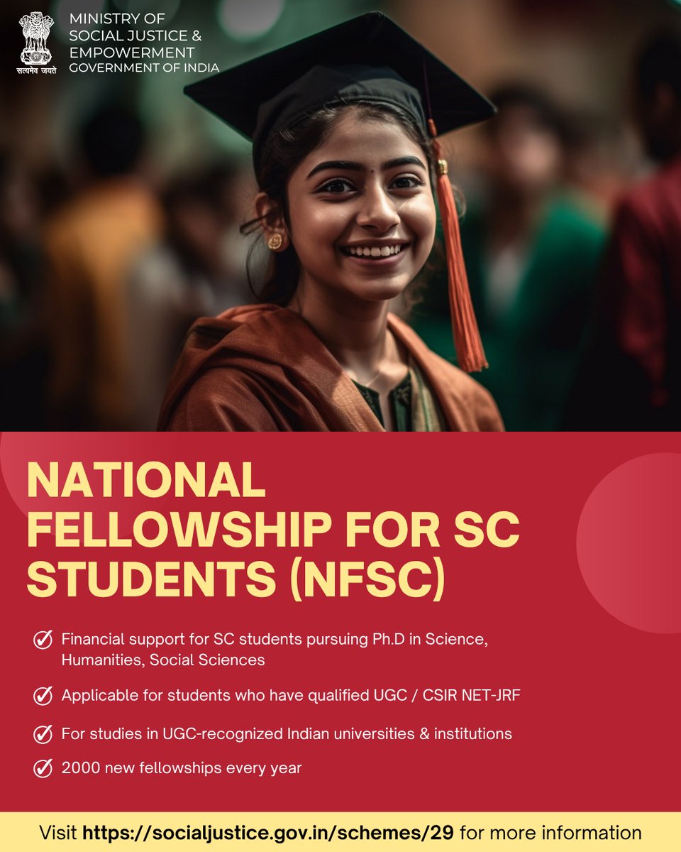 MSJEGOI's tweet image. National Fellowship for SC students provides financial support for PhD studies every year. Visit: socialjustice.gov.in #Education

@PMOIndia @narendramodi @AmitShah @Drvirendrakum13 @RamdasAthawale @blvermaup @PIB_India @mygovindia @MIB_India @NISD_India @nskfdc @NSFDC_MOSJE