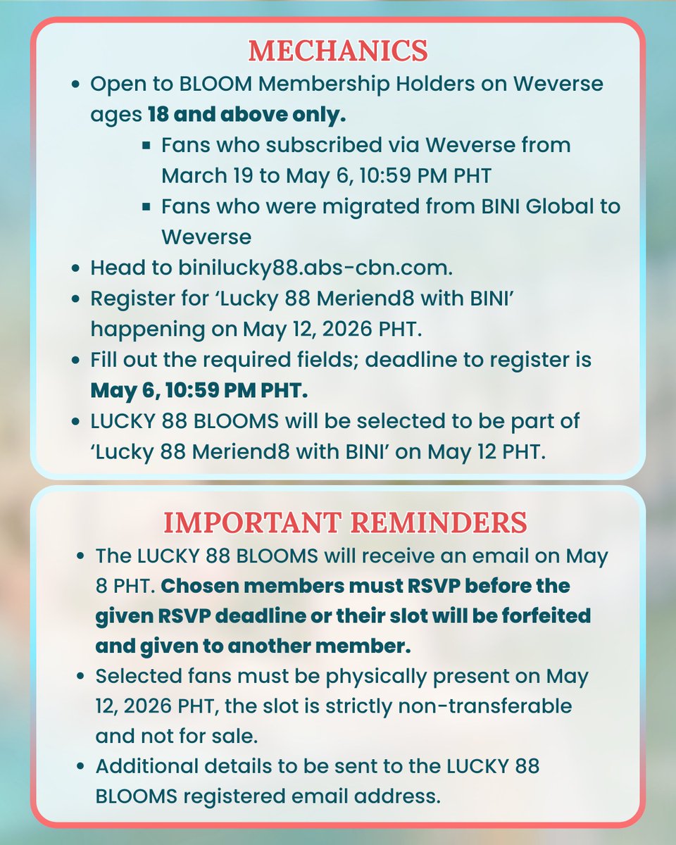 BINI_ph's tweet image. Be one of the LUCKY 88 BLOOMS to meet and interact with BINI as they return with a thanksgiving d8 fresh from their Coachella debut this May 12! 🌴🎡🎶

Register here : 🔗 binilucky88.abs-cbn.com

Not a member yet? Get your membership here : 🔗shop.weverse.io/en/shop/USD/ar…

#BINI