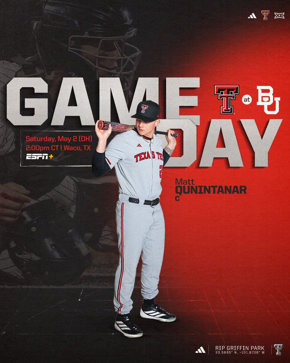 TTU_Baseball's tweet photo. Double Dip from Waco on tap 

📍 - Waco, Texas 
⏰ - 2 p.m/45 mins after G1 
📺 - https://t.co/IrehARKl0o
📺 - https://t.co/fY6HUOmP2t
📊 - https://t.co/CySsVAofsS
📊 - https://t.co/fiuL1376Sq https://t.co/gxsHJbqmTZ