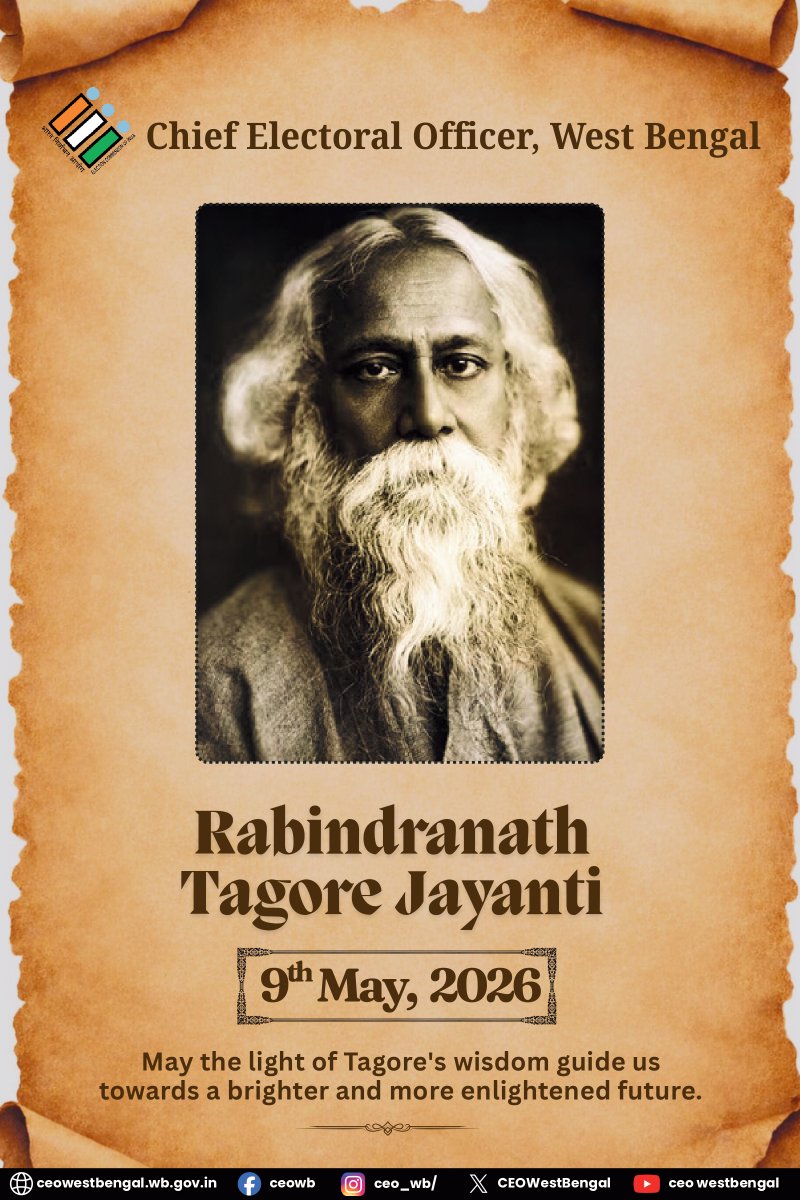 Tribute to Gurudev &amp; our National anthem writer Rabindranath Tagore on his  Birth Anniversary.
#RabindraJayanti2026  

<a href="/ECISVEEP/">Election Commission of India</a>
<a href="/SpokespersonECI/">Spokesperson ECI</a>
<a href="/PIBKolkata/">PIB in West Bengal</a>
<a href="/airnews_kolkata/">Akashvani Kolkata</a>