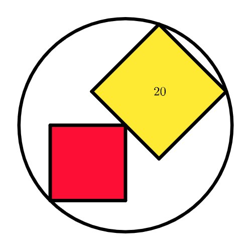 _pauloferro's tweet image. Puzzle #5 
Two squares meet at the center/centre of a circle. The yellow square has area 20. 
What is the area of the red square? 
This puzzle was published on @guardian.
Check the solution in the comments. 
#math #geometry #puzzle