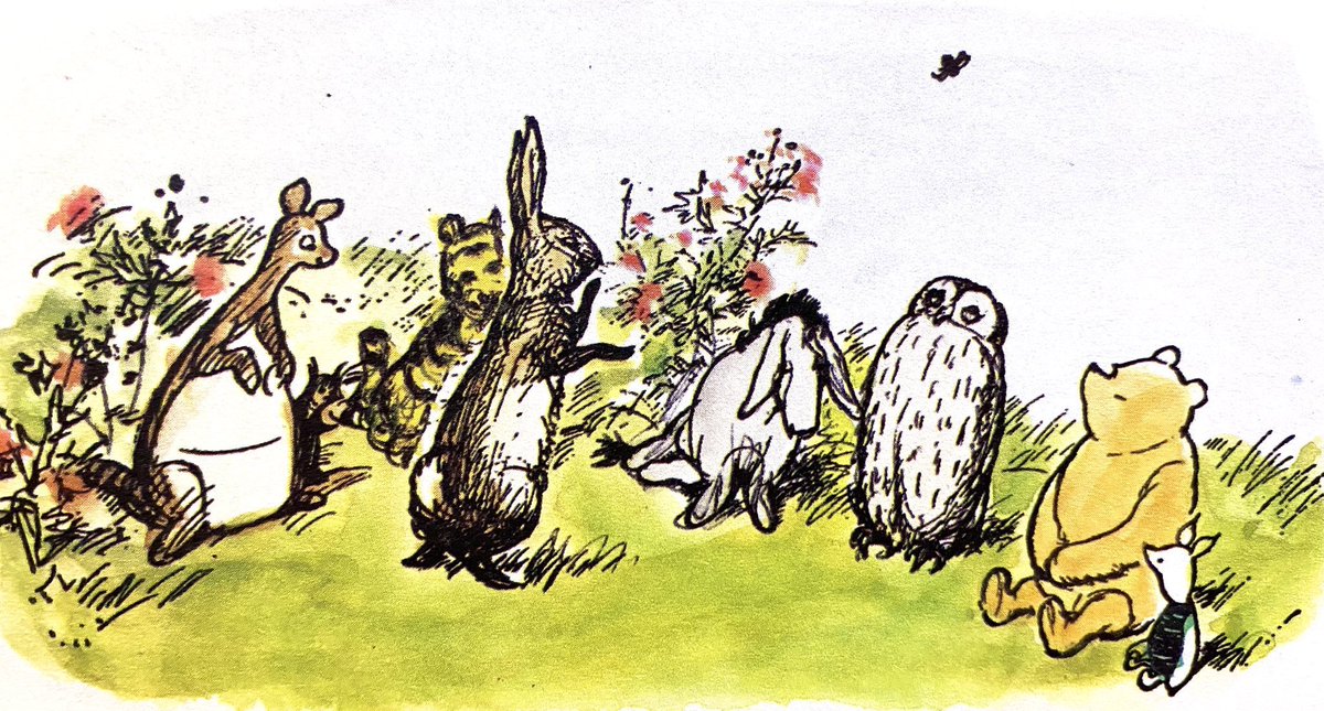 A_AMilne's tweet photo. “If anybody wants to clap,” said Eeyore when he had read POEM, “now is the time to do it.”
They all clapped.
“Thank you,” said Eeyore, “Unexpected and gratifying, if a little lacking in Smack.”
“It’s better than mine,” said Pooh.
“It was meant to be,” said Eeyore. ~A.A.Milne https://t.co/U38IOnKXDP