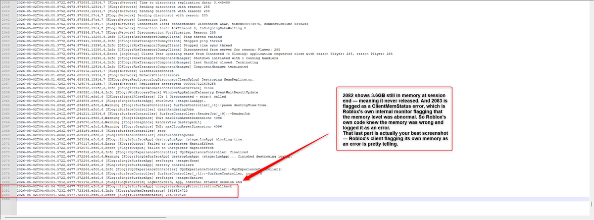 Beany81487's tweet photo. Hey @Roblox @RobloxSupport — I work in dev so I know what I'm looking at in a client log. Imagine my surprise finding my account enrolled in your internal debug channel zfflagdebuggraphicsenablecrashonleaksapril2control — a memory leak experiment — without my consent. https://t.co/sq0pc1jmpK