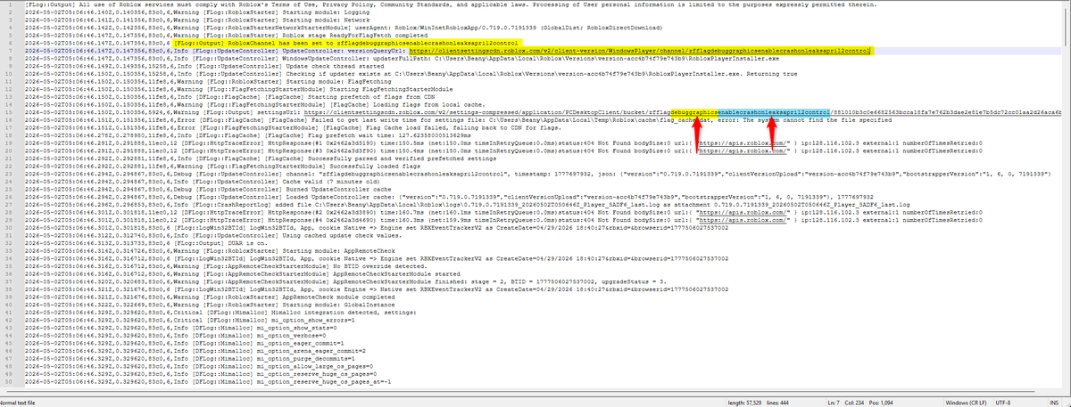Beany81487's tweet photo. Hey @Roblox @RobloxSupport — I work in dev so I know what I'm looking at in a client log. Imagine my surprise finding my account enrolled in your internal debug channel zfflagdebuggraphicsenablecrashonleaksapril2control — a memory leak experiment — without my consent. https://t.co/sq0pc1jmpK