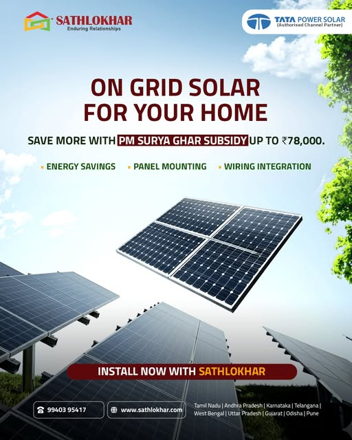 Sathlokhar2013's tweet image. Power your home with clean, reliable energy and start saving more every day.
Switch to on grid solar with Sathlokhar and take advantage of the PM Surya Ghar subsidy up to ₹78,000. 
Visit our website : www.solar@sathlokhar.com
#Sathlokhar #SolarEnergy #OnGridSolar #TataPowerSolar