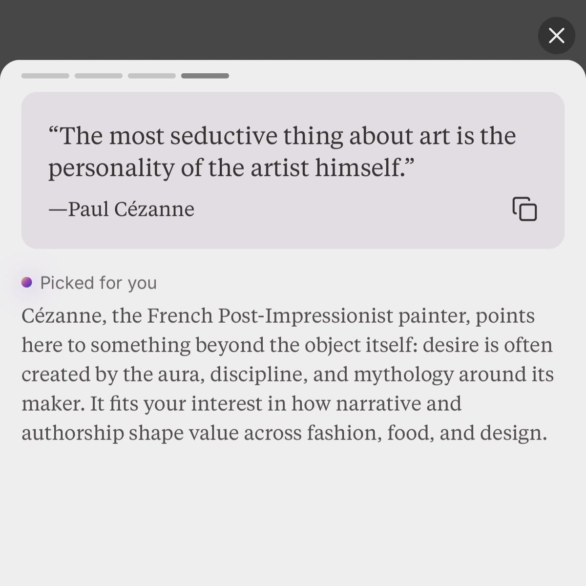 0xnichy's tweet photo. each day, i’m delighted by all the quotes, essays, and art @LightpageApp suggests in relation to things i’ve been thinking about. 

it’s like your cool friend expanding your horizons. 

relevance is king. 

capped at 3 per day makes it digestible/habit forming. https://t.co/ZCdOg8KIN2