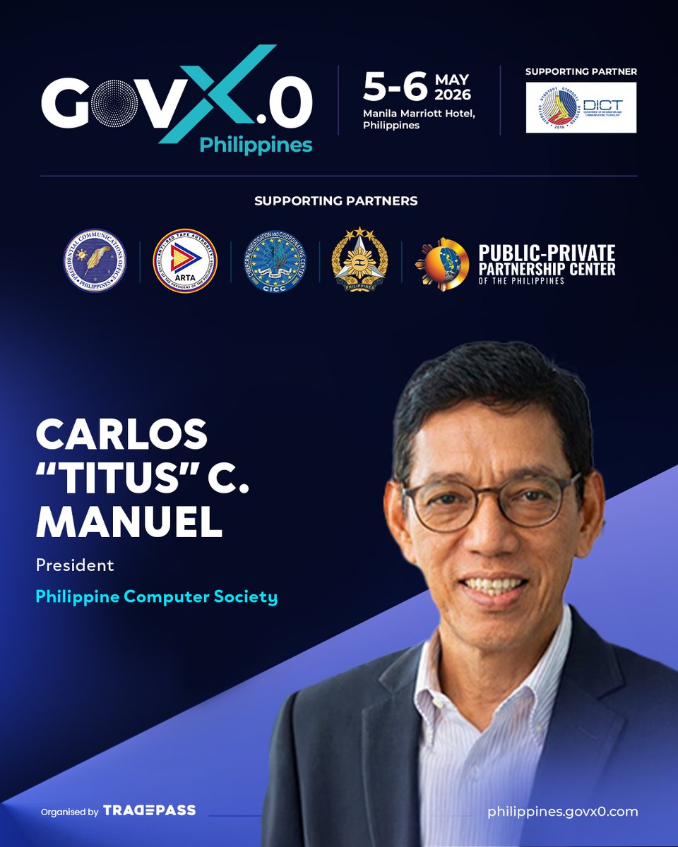 Tradepassglobal's tweet image. Technology is built by people - and communities.

Carlos “Titus” C. Manuel
Philippine Computer Society

Speaker at GOVX.0 Philippines.

📅 5–6 May
📍 Manila Marriott Hotel

Register: hubs.la/Q04f5c8M0

#GOVXPhilippines #TechCommunity #GovTech