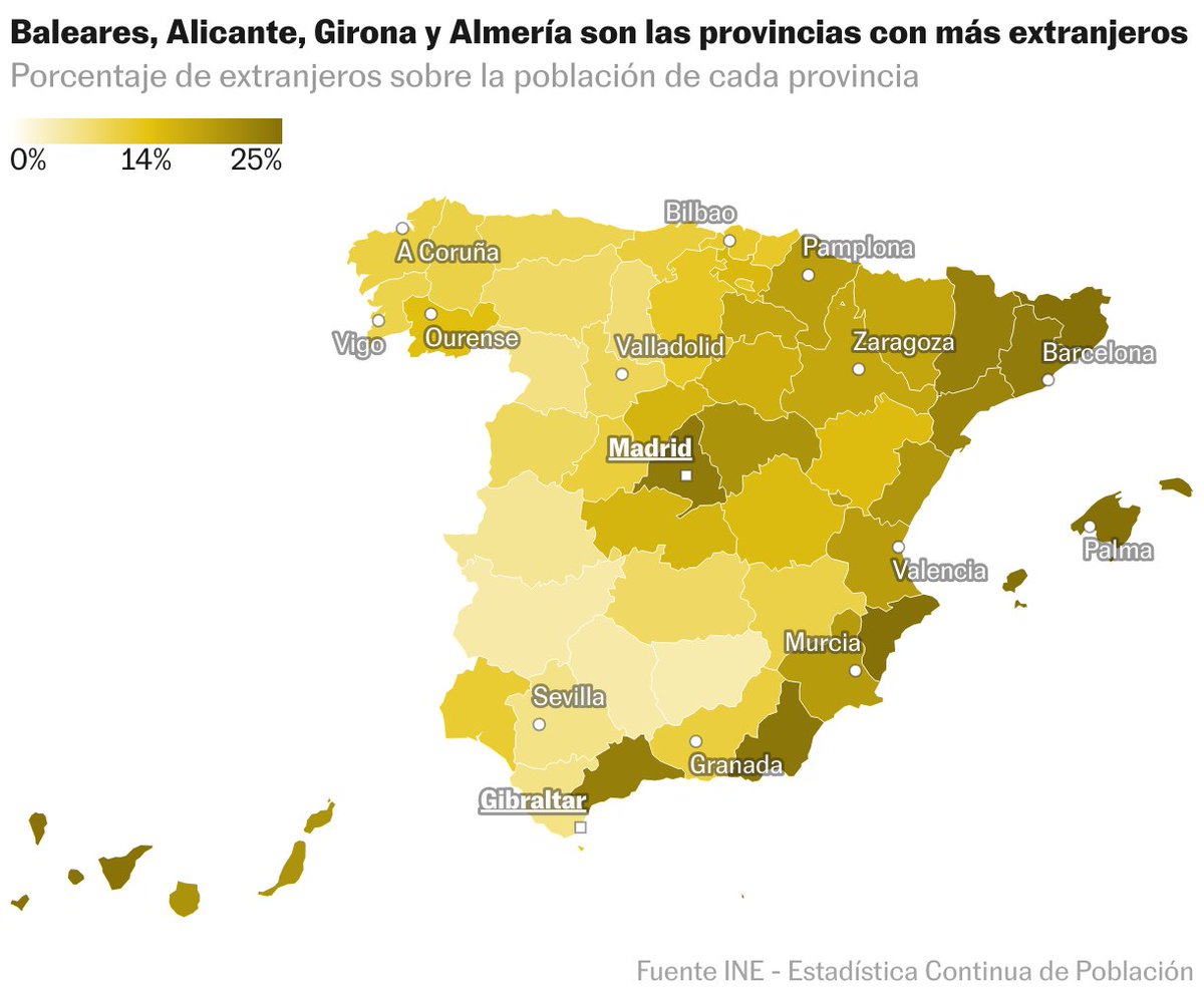 Des del 2020, les violacions registrades a Espanya s'han incrementat un 92,6 %. Segons dades de l'INE, entre el 2023 i el 2024 van entrar més de dos milions d'immigrants. Curiosament, si ajunteu els mapes de violacions i immigració coincideixen exactament