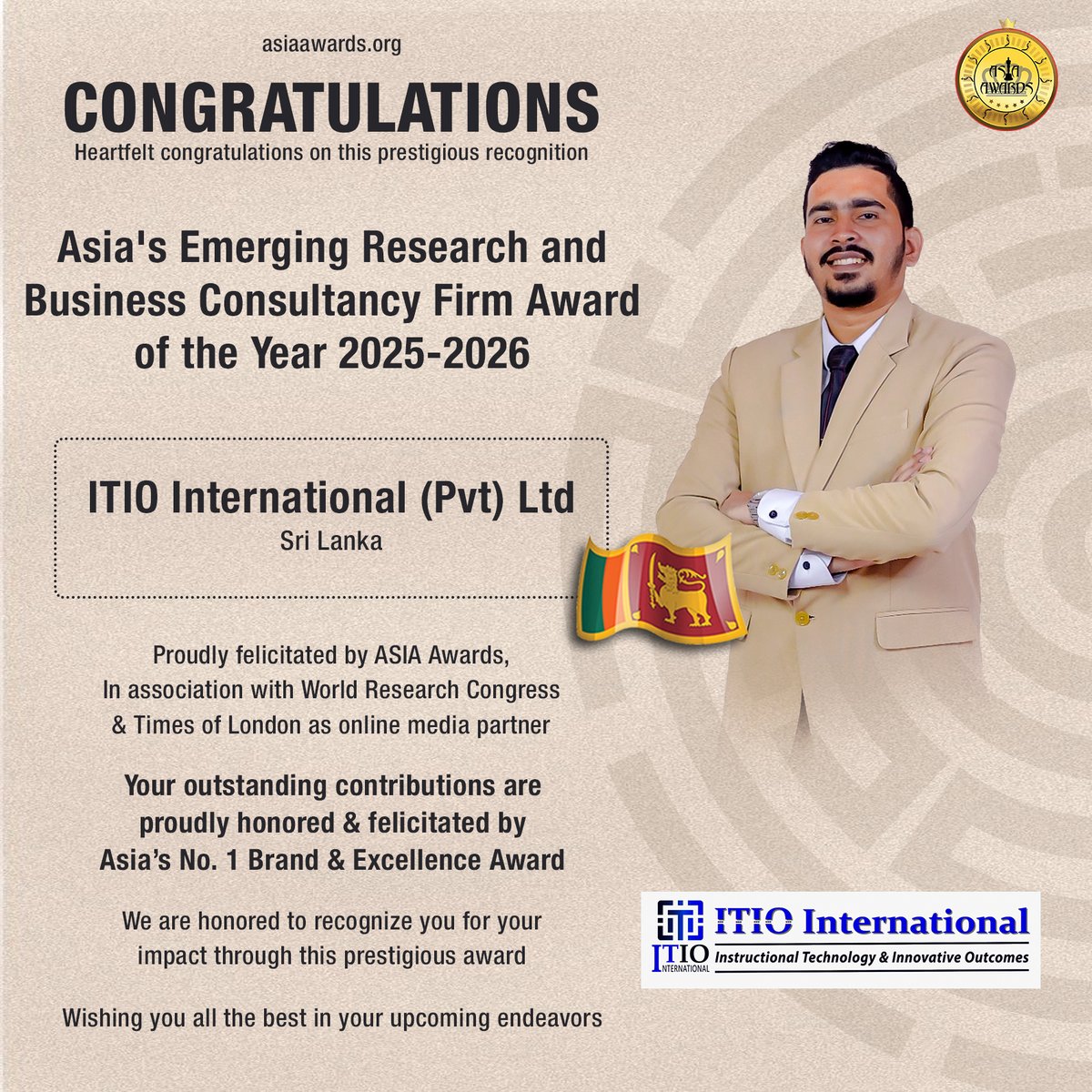 AsiaAwards1's tweet photo. !! CONGRATULATIONS !!!

ITIO International (Pvt) Ltd- Sri Lanka

ITIO International (Pvt) Ltd- Sri Lanka has bagged Asia's Emerging Research and Business Consultancy Firm Award proudly presented by ASIA Awards

#asiaawards #awards

More info :
https://t.co/9WW8Q4xya2 https://t.co/HqSMPT5vRm