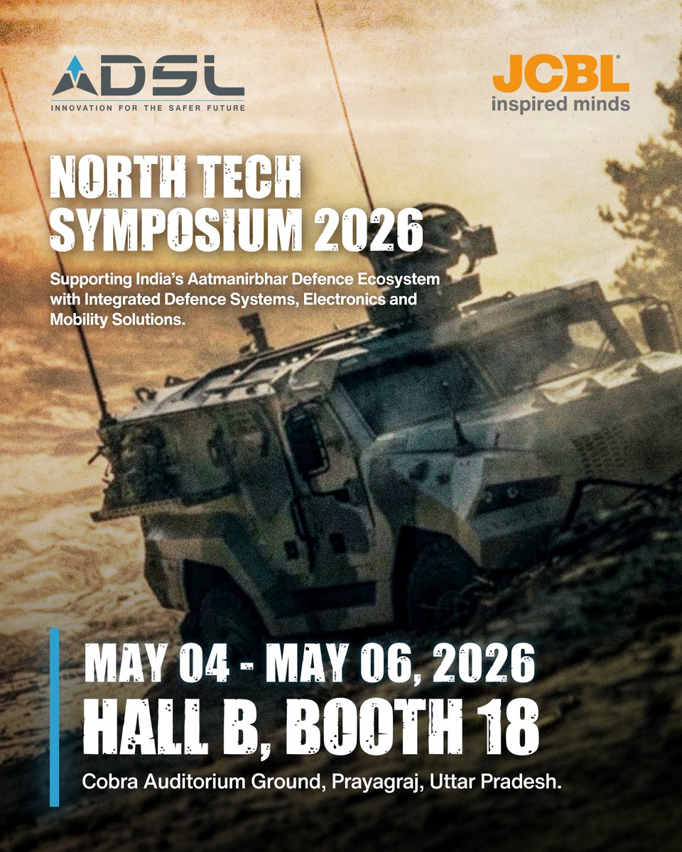 JCBLGroup's tweet photo. Aatmanirbhar Bharat in action—where innovation meets readiness.ADSL (JCBL Group) at North Tech Symposium 2026, showcasing indigenous defence, electronics &amp; mobility solutions.May 04–06, 2026 

#AatmanirbharBharat #DefenceInnovation #MakeInIndia #IndigenousTech #ADSL #JCBLGroup https://t.co/swCuFuhFKm