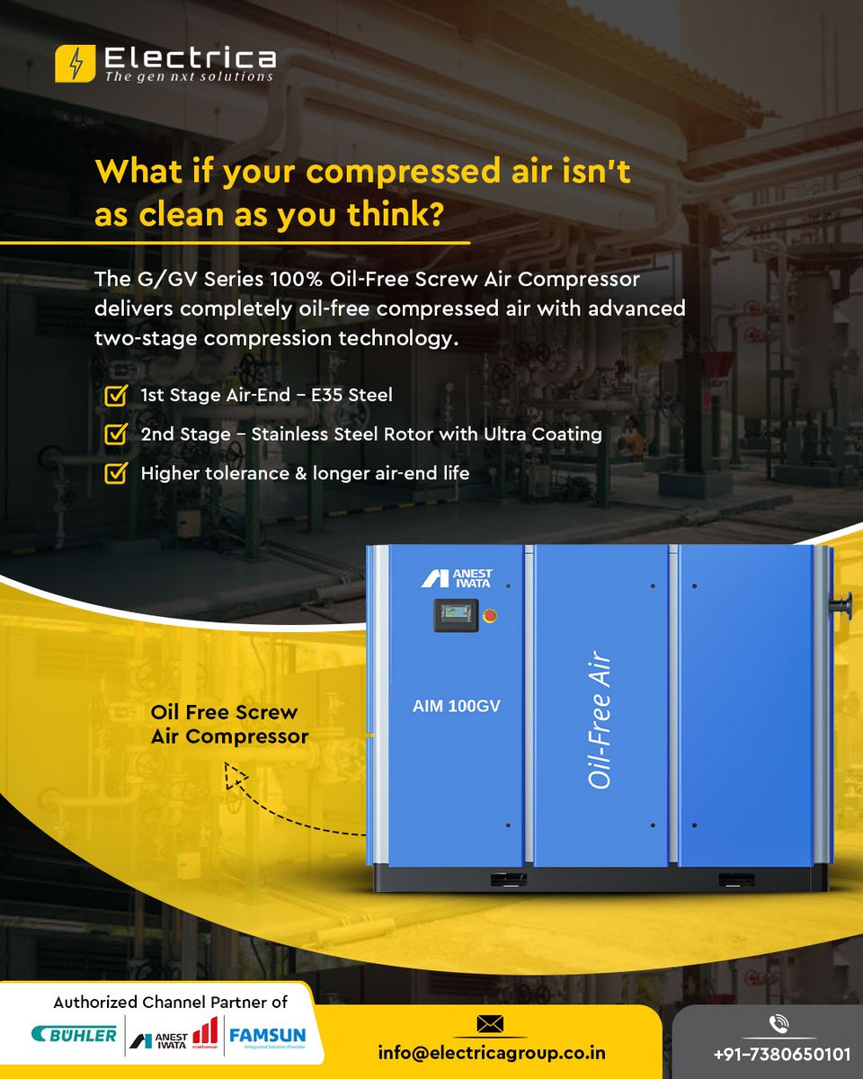 Thermodynamic_S's tweet image. Electrica’s G/GV Series 100% Oil-Free Screw Air Compressors deliver pure, contamination-free compressed air with advanced two-stage technology.

✔ Oil-Free
✔ Durable
✔ Long-lasting
Know more: 7380650101

#Electrica #AirCompressor #IndustrialSolutions
