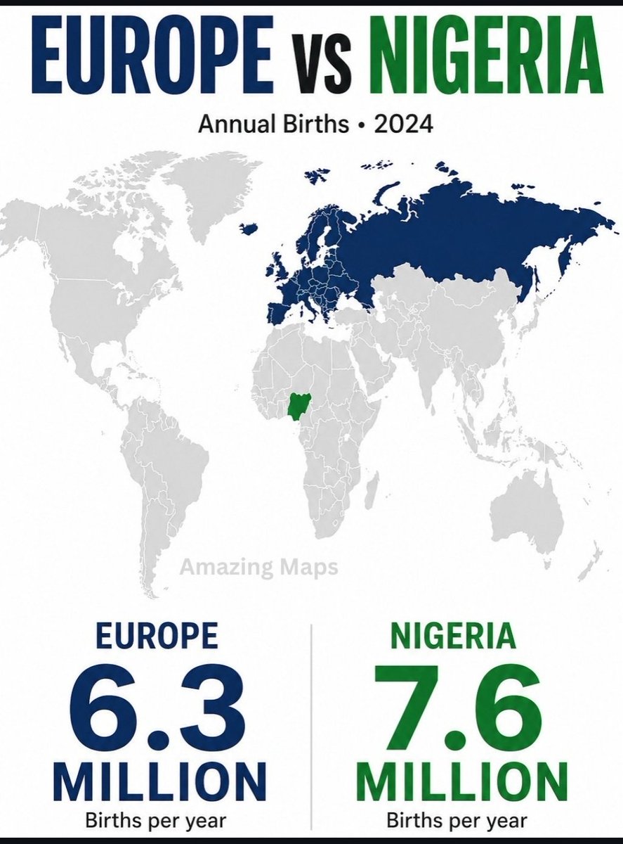 SimoPillon's tweet image. Anno 2024: i nuovi nati nella sola Nigeria sono stati 7.6 milioni.
Nello stesso anno, nell'intera Europa, Russia compresa, si è arrivati a 6.3 milioni di bambini nati e 1.8 milioni di aborti.
Senza aborti il totale delle nascite in Europa sarebbe stato 8.1 milioni.
C'è una guerra