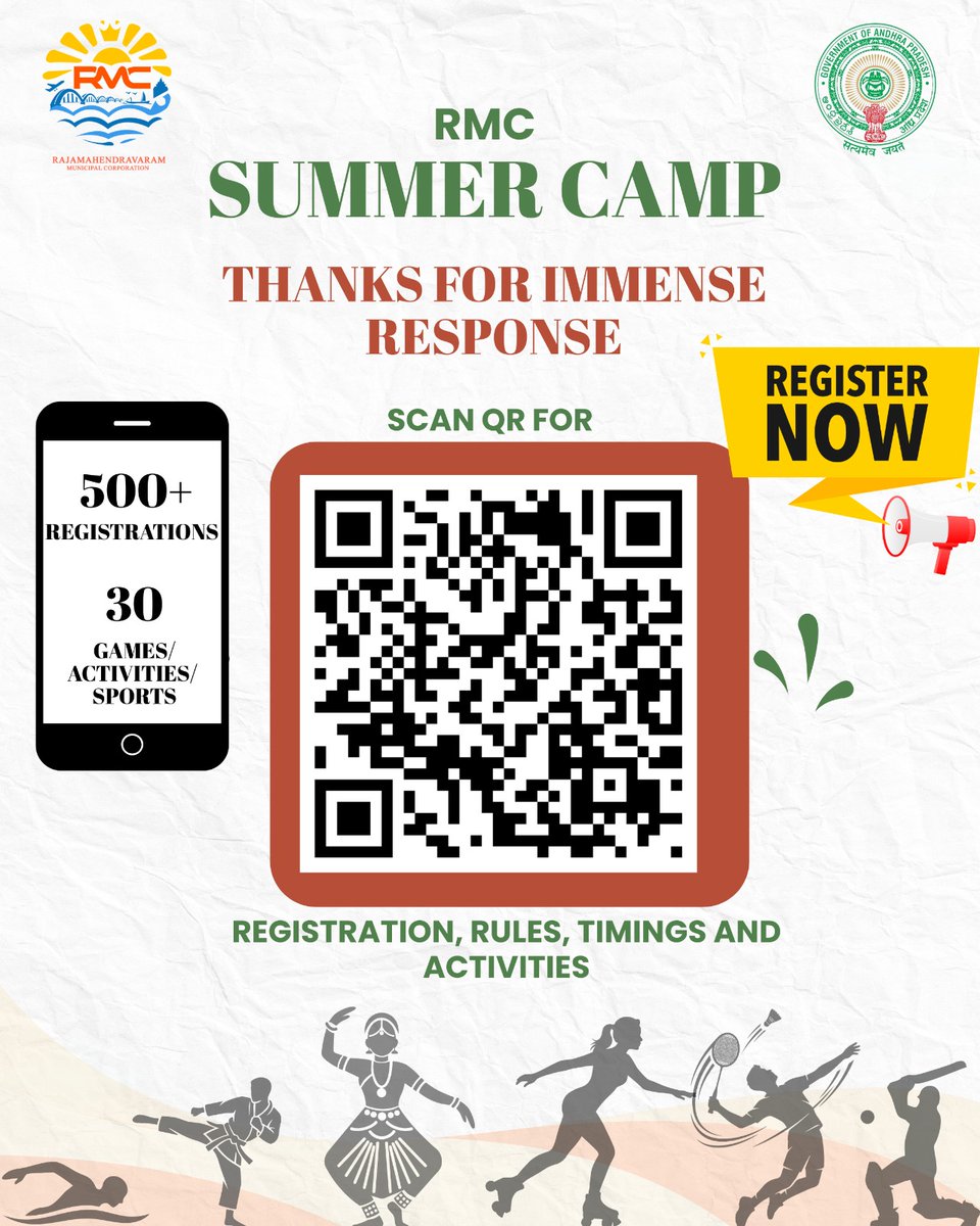 RMCoffice's tweet image. 🙏 Thank You, Rajamahendravaram! 🙏

We are overwhelmed by the incredible response to RMC Summer Camp 2026! 
🔥 500+ registrations and still counting!
Your enthusiasm is truly inspiring.
🏅 Don’t miss out — 30 exciting games, 
#RMCSummerCamp2026 #SummerFun #RegisterNow