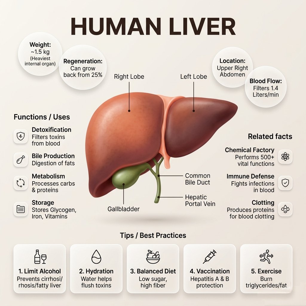 utkarshsr630's tweet image. Did you know your liver is a superhero?🦸‍♀️ Weighing ~1.5kg, it detoxifies, produces bile, and even regenerates from just 25%! It’s a chemical factory, performing 500+ vital functions. Treat your liver well! 💚 #HumanBody #HealthFacts #LiverHealth