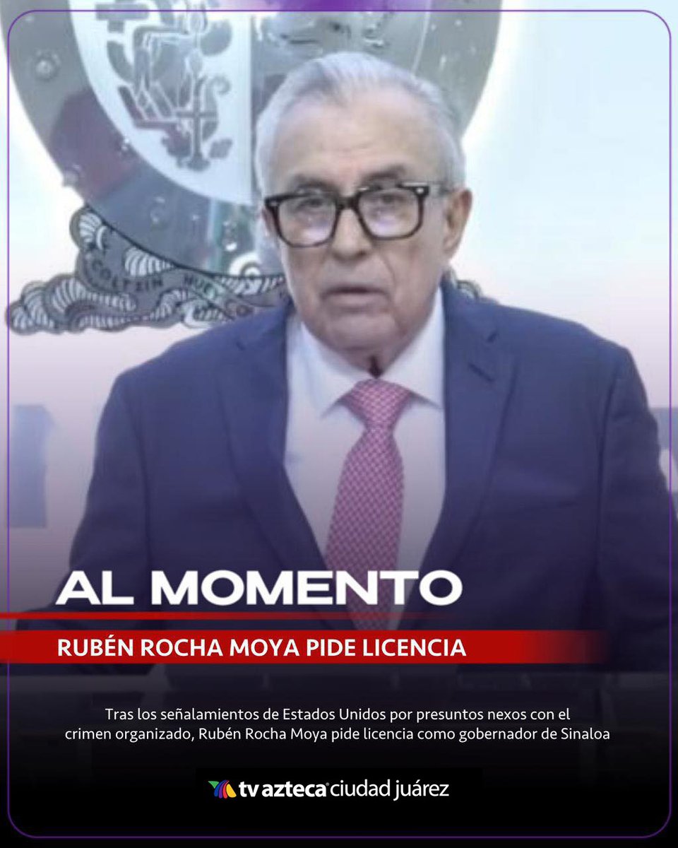 AztecaJrz's tweet photo. 🚨 Rubén Rocha Moya emitió un mensaje donde dio a conocer que solicitó ante el Congreso del Estado al licencia temporal mientras dure la investigación sobre las acusaciones en su contra por parte de Estados Unidos
#AztecaBreaking
#CoberturaRochaMoya https://t.co/RhhmYhGo9Z