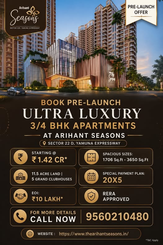bricknwalls's tweet photo. Step into a world of elegance and elevated living at Arihant Seasons 
 Ultra Luxury 3 &amp; 4 BHK Apartments
 Sector 22D, Yamuna Expressway
 Spacious Layouts up to 3650 Sq.Ft
 Easy 20x5 Payment Plan
 Limited Pre-Launch Offer – Book Now!
Call: 9560210480
https://t.co/0WMgfGSsFU https://t.co/c2cdW51Ko4