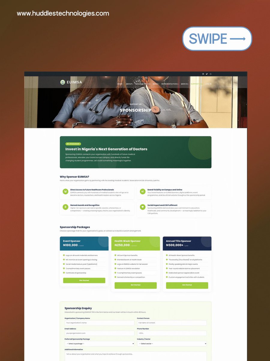 huddlestech's tweet image. We brought EUIMSA online 🚀
Designed and developed in collaboration with Build 2Rank Technologies. Clean. Modern. Built to match the energy of EUl's medical students.🔥

#webdesign #uidesign #digitalbranding #nigeriancreatives
#studentcommunity