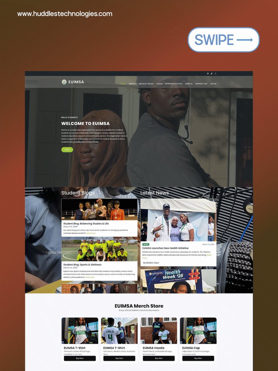 huddlestech's tweet image. We brought EUIMSA online 🚀
Designed and developed in collaboration with Build 2Rank Technologies. Clean. Modern. Built to match the energy of EUl's medical students.🔥

#webdesign #uidesign #digitalbranding #nigeriancreatives
#studentcommunity