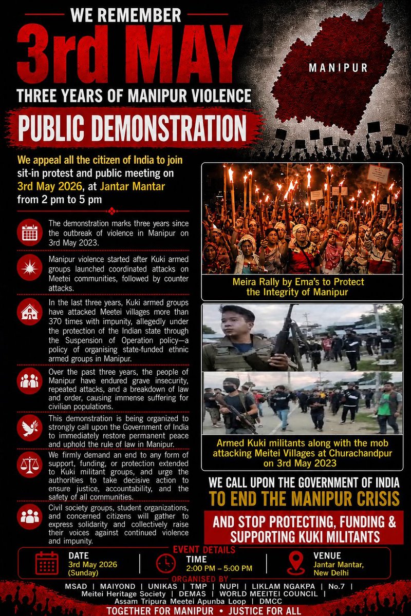Our statement on 3 years of Manipur Violence:

The manner in which Manipur has been treated is not just heartbreaking but, in many ways, an insult to its people. It appears that the pain and suffering of the people of Manipur hold little value for the Government of India. The