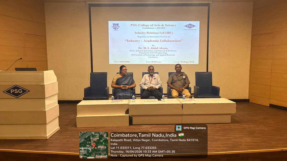 PSGCAS_CBE's tweet photo. Industry Relations Cell (IRC), PSGCAS, was organized an Interactive Session on Industry-Academia Collaboration by Dr. M.I. Abdul Aleem, Dean-Industry Interaction and Outreach &amp; Professor, PSG Institute of Technology &amp; Applied Research, for faculty on 16/04/2026 at Podhigai Hall. https://t.co/8mkTqkOWzP