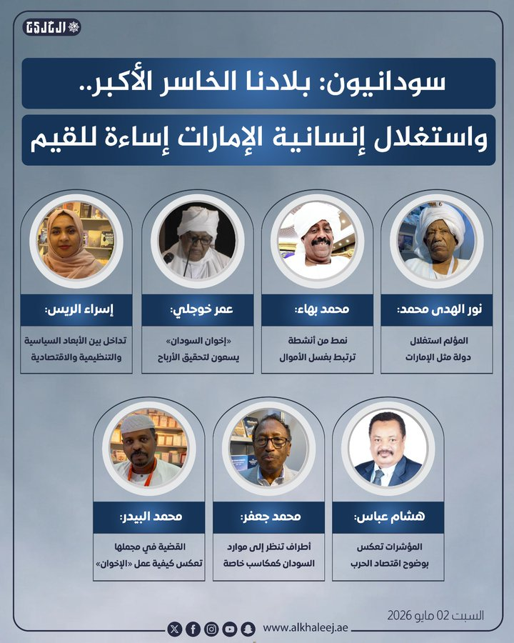 alkhaleej.ae/2026-05-02/%D8…

سودانيون: بلادنا الخاسر الأكبر.. واستغلال إنسانية الإمارات إساءة للقيم

قضية تهريب عتاد لبورتسودان تكشف اقتصاد الحرب: شركات واجهة وغسل أموال واستغلال غطاء إنساني بالإمارات والسودانيون الأكبر خسارة

قضية العتاد العسكري المرتبطة بسلطة بورتسودان، والتي