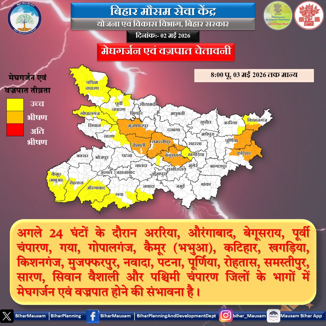 BiharMausam's tweet image. मेघगर्जन एवं वज्रपात चेतावनी (02 मई 2026) Thunderstorm and Lightning Alert (02 May 2026)
@officecmbihar @BiharDMD @BsdmaBihar @Agribih @WRD_bihar @BiharPlanning @bihar_police @IPRDBihar @airnews_patna @BiharTransport @Biharfire112 @BiharEducation_ @MWRD_Bihar  #Bihar #Lightning