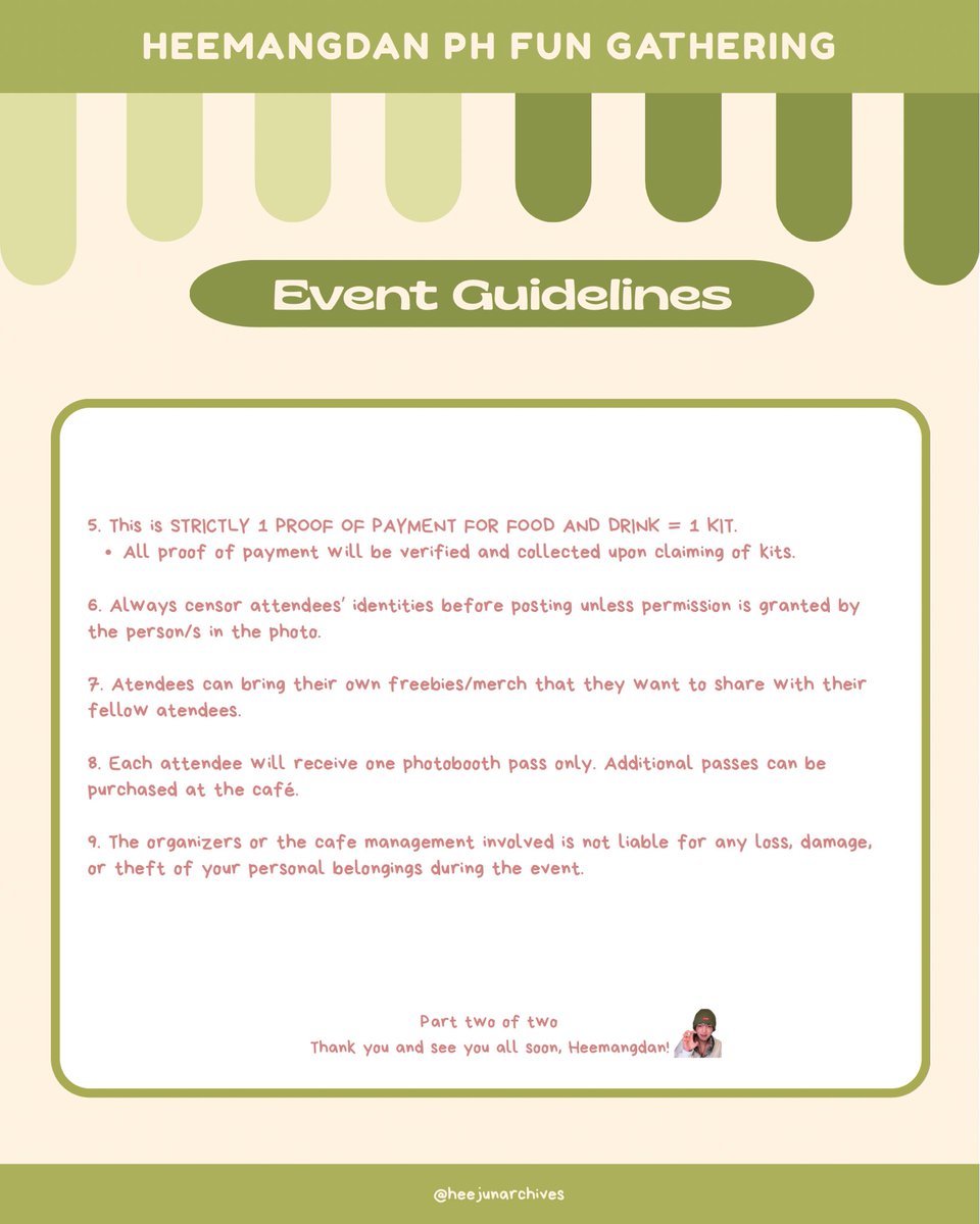 Heejun_Archives's tweet photo. CSE EVENT GUIDELINE 📋

Here is our guideline for our upcoming cupsleeve event on May 9. For any inquiries, please do not hesitate to send us a DM! 

There are still slots available so register yours now 💚 

See you soon~

#HeemangdanPHFunGathering 
#권희준 #Kwon_Heejun https://t.co/TwFYtnnWae