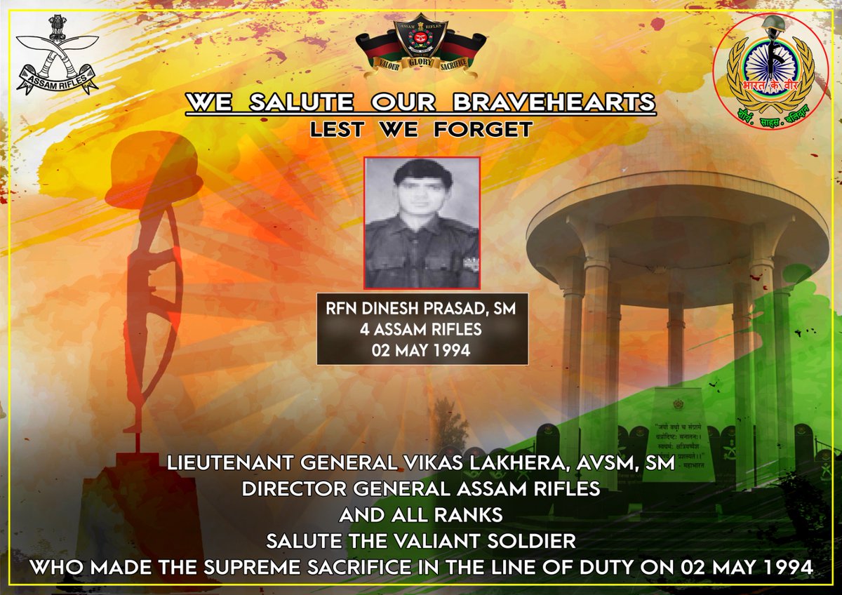 official_dgar's tweet image. Lt Gen Vikas Lakhera, AVSM, SM, Director General of #AssamRifles&amp;amp; all ranks, salute the valiant soldier who made the supreme sacrifice in the line of duty on 02 May 1994.

#SaluteToMartyrs #HonourTheFallen #RememberingOurHeroes #MartyrsOfIndia #ForeverInOurHearts