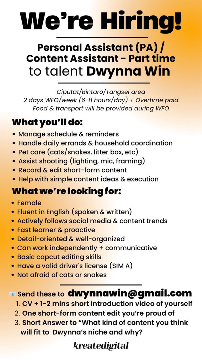 Dwynna_Win's tweet image. bismillah cocok❤️
#loker #parttime #PA #personalassistant