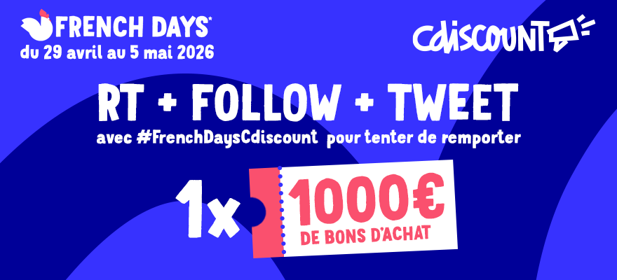🎁 #Concours 🎁

Découvrez nos offres durant les French Days sur Cdiscount !
🇫🇷 urlr.me/!FrenchDays

🤑 Et tentez de remporter 1x1000€ en bons d'achat : 

✔️ RT + FOLLOW <a href="/Cdiscount/">Cdiscount</a> 
✔️✔️ TWEET avec #FrenchDaysCdiscount

🍀 TAS le 11/05