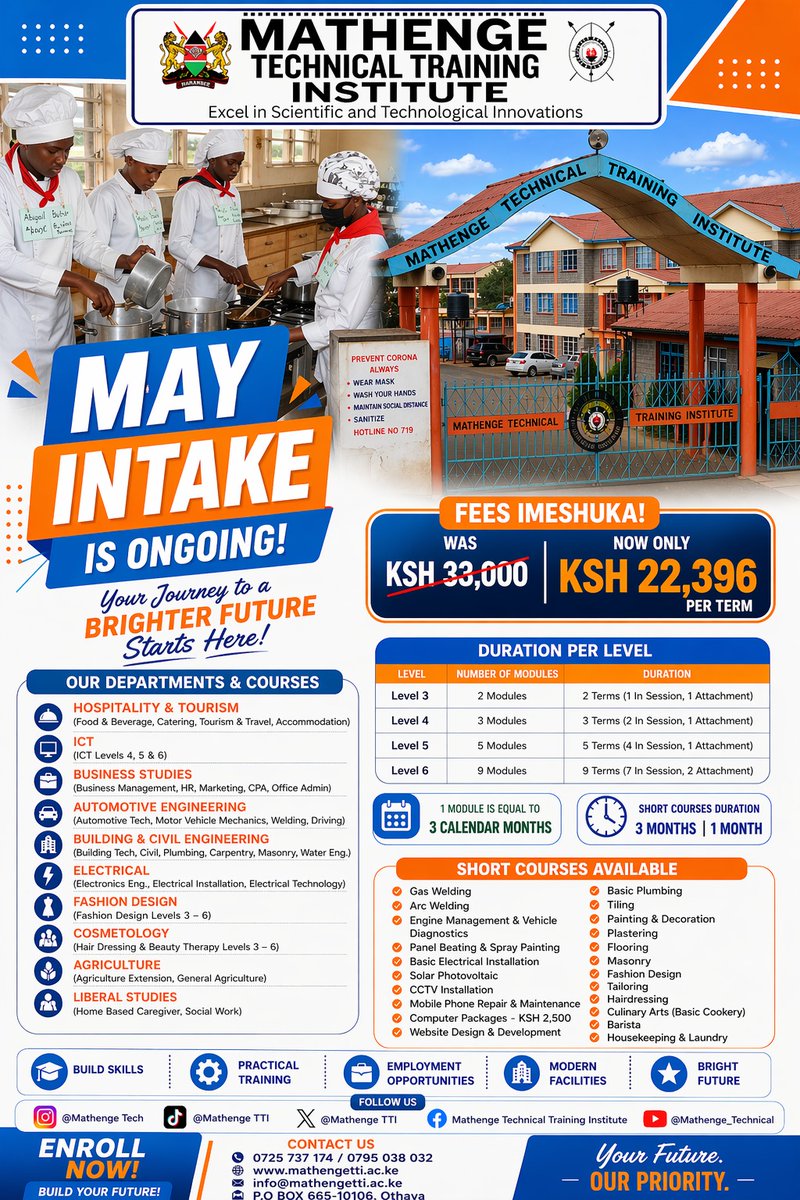 mathengetti's tweet image. Mathenge TTI,We are supported by experienced trainers, modern and well-equipped labs, practical workshops, a holistic trainee environment, free WiFi, hot showers in hostels, and vibrant co-curricular activities that make campus life complete.

#MathengeTTI
#May2026Intake
#skill