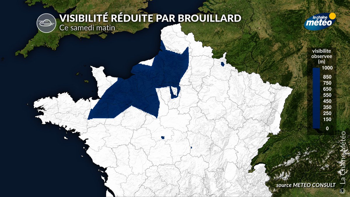 lachainemeteo's tweet image. ⚠️Attention aux #brouillards 😶‍🌫️ce matin. Suite aux orages d'hier, ces orages ont laissé de l'humidité. Les visibilités sont réduites localement à moins de 200 m de la #Normandie au nord de #Paris jusqu'en Picardie. Ces brouillards se dissiperont avant 10 heures.