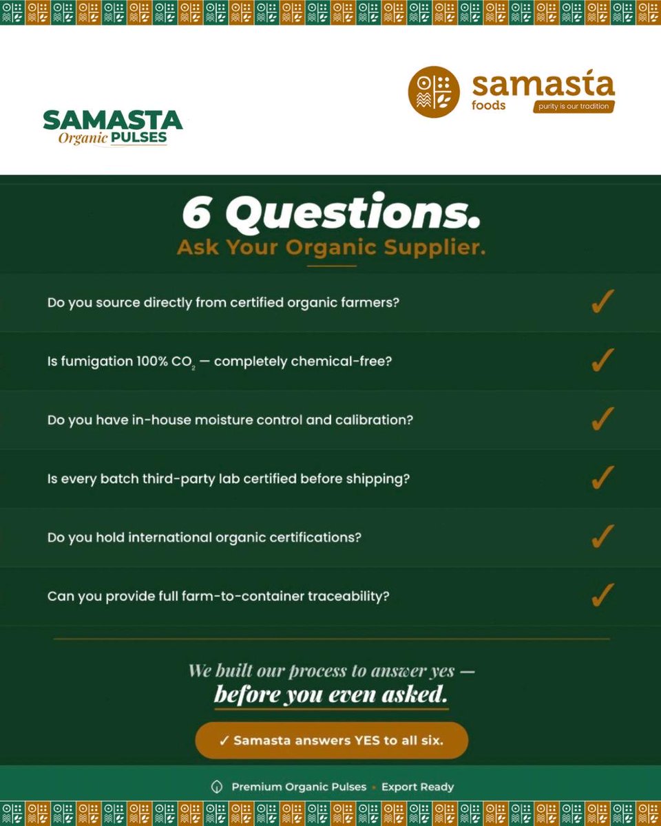 SamastaFoods's tweet image. 6 questions. 1 standard: YES to all. That’s how real organic supply chains are built.

🌐 samastafoods.com 📩 info@samastafoods.com

#OrganicIntegrity #FoodSafety #QualityAssurance #SupplyChain #Traceability