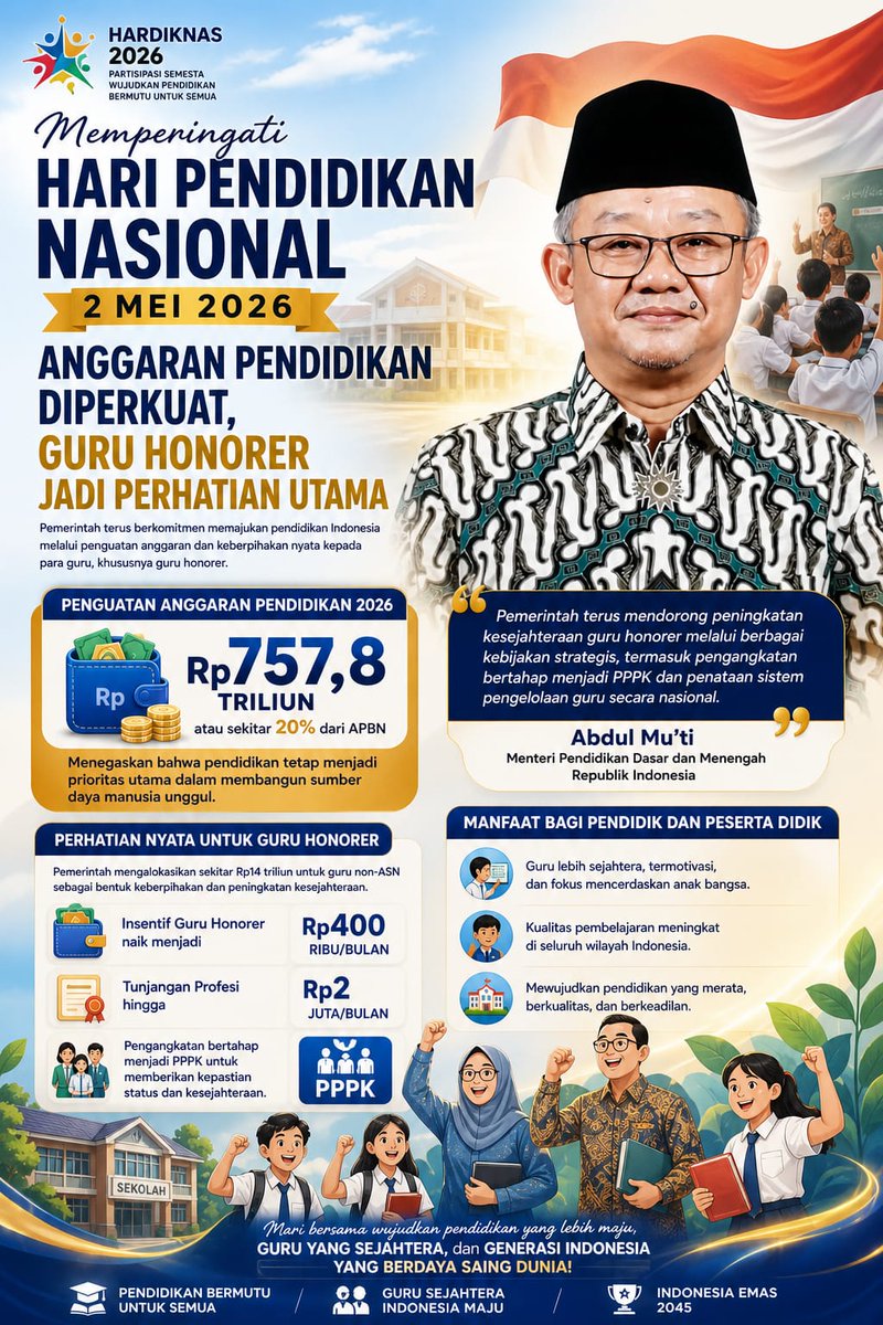 CandramayaL's tweet photo. Kabar baik di   Hardiknas 2026! Kesejahteraan guru honorer kini jadi fokus utama. Dengan   kenaikan insentif dan tunjangan, guru makin sejahtera dan anak bangsa semakin   termotivasi dalam belajar. https://t.co/3wQxHEMy9p