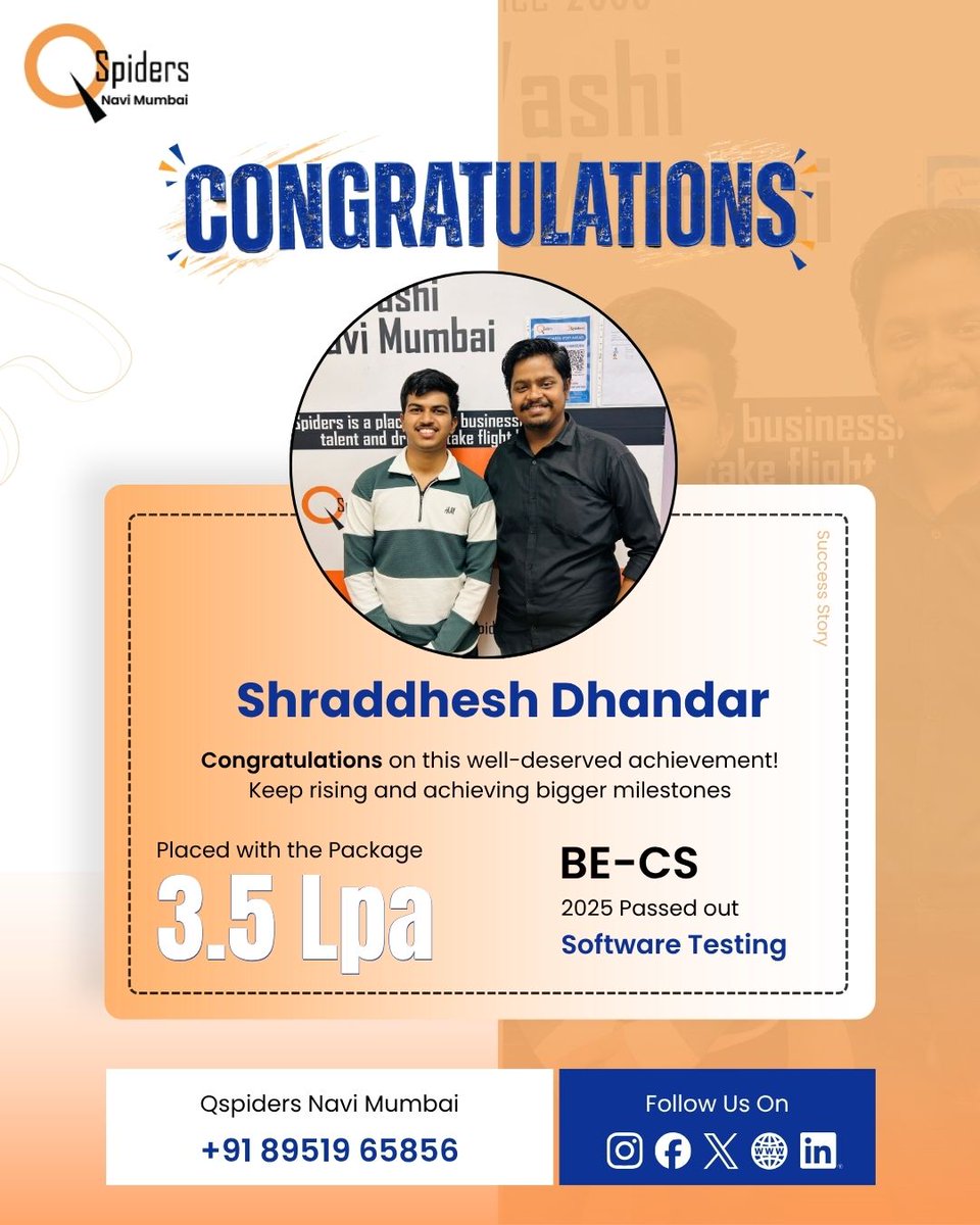Qsp_NaviMumbai's tweet image. Dream it. Work for it. Achieve it. 💼✨
Kudos to Shraddhesh Dhandar for reaching this milestone with a 3.5 LPA package!
The journey has just begun! 🚀
#DreamBig #SuccessJourney #PlacementDrive #FreshersJobs #TechCareers #Inspiration #QSpiders