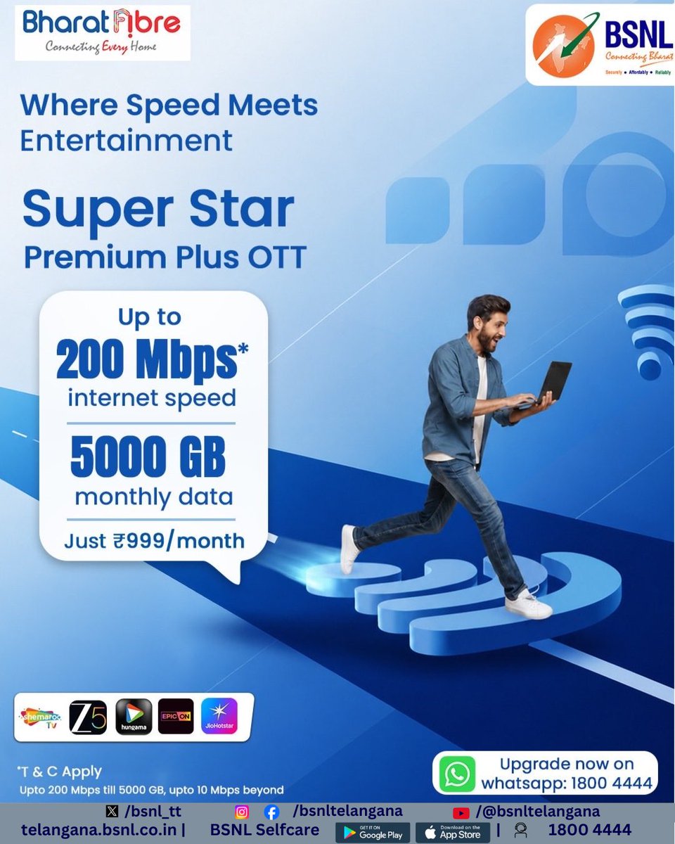 bsnl_tt's tweet image. 🚀 200 Mbps speed. 5000 GB data. Unlimited entertainment.

This isn’t just WiFi — it’s a complete upgrade to your digital life. 💡📶

Stream more. Game faster. Work smarter.

Upgrade now on WhatsApp: 1800 4444

#BSNL #FTTH #SpeedInternet #WiFi #OTTStreaming #ReliableNetwork