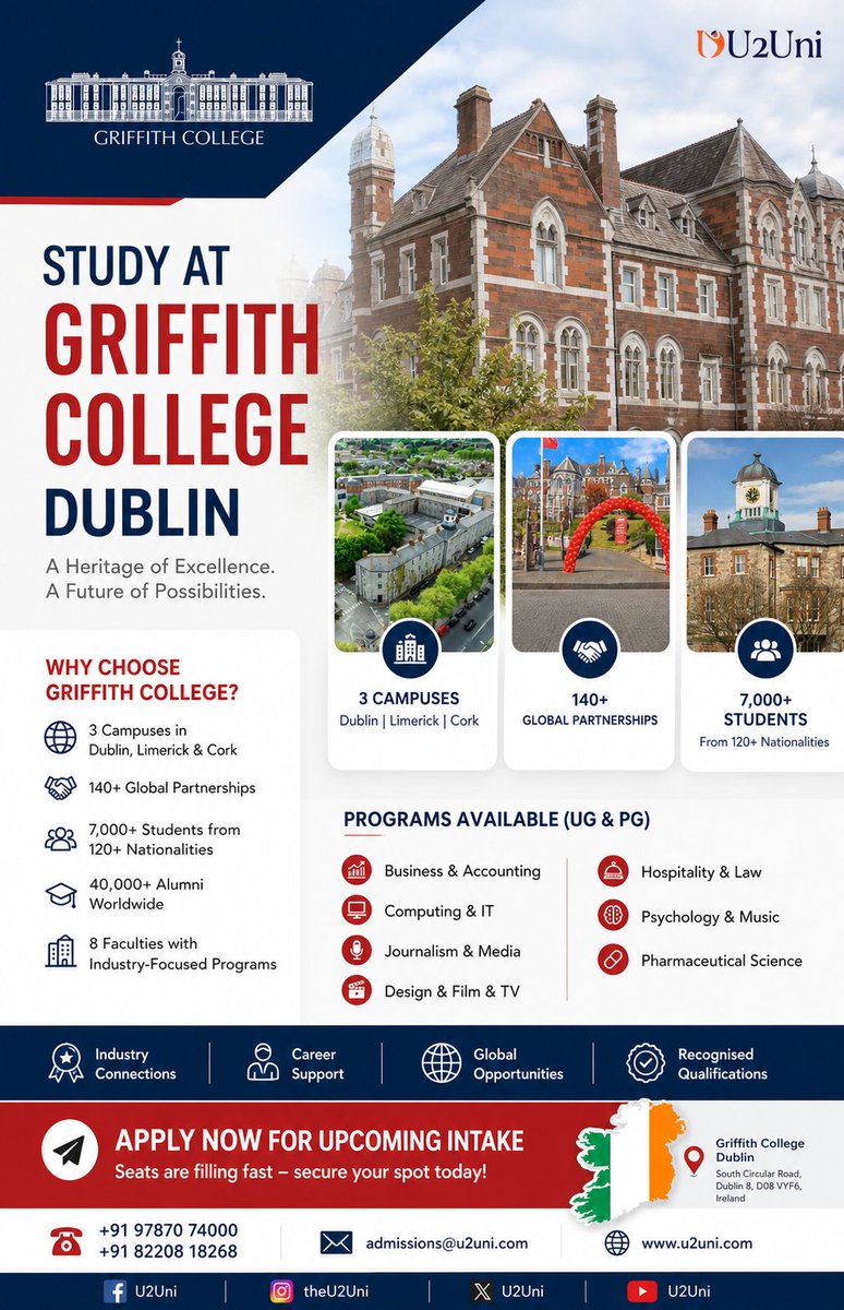u2uni1's tweet image. 🎓 Study in Ireland with U2Uni! 🇮🇪

Looking to build a global career? Explore your future at Griffith College, Dublin — one of Ireland’s leading institutions known for academic excellence and industry-focused programs.

#StudyAbroad #StudyInIreland #GriffithCollege #U2Uni