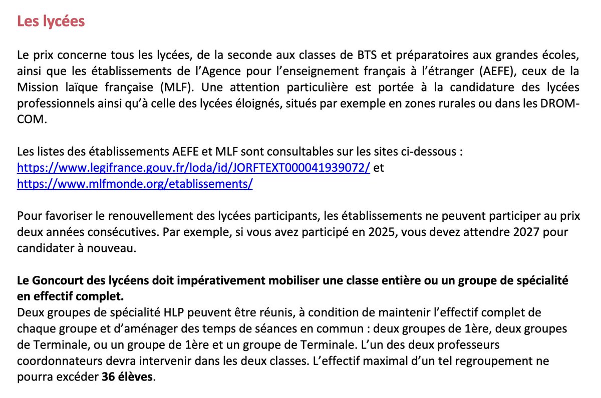 Lettres_edu_num's tweet image. 📖 #Lecture | #Lycée

🔷 Prix Goncourt des lycéens : les candidatures sont ouvertes sur Adage jusqu’au 25 mai 2026. Le Prix se déroulera de septembre à novembre 2026.

Informations sur #Éduscol 👉 eduscol.education.gouv.fr/6327/prix-gonc…
Mode d’emploi (PDF) 👉 eduscol.education.gouv.fr/sites/default/…