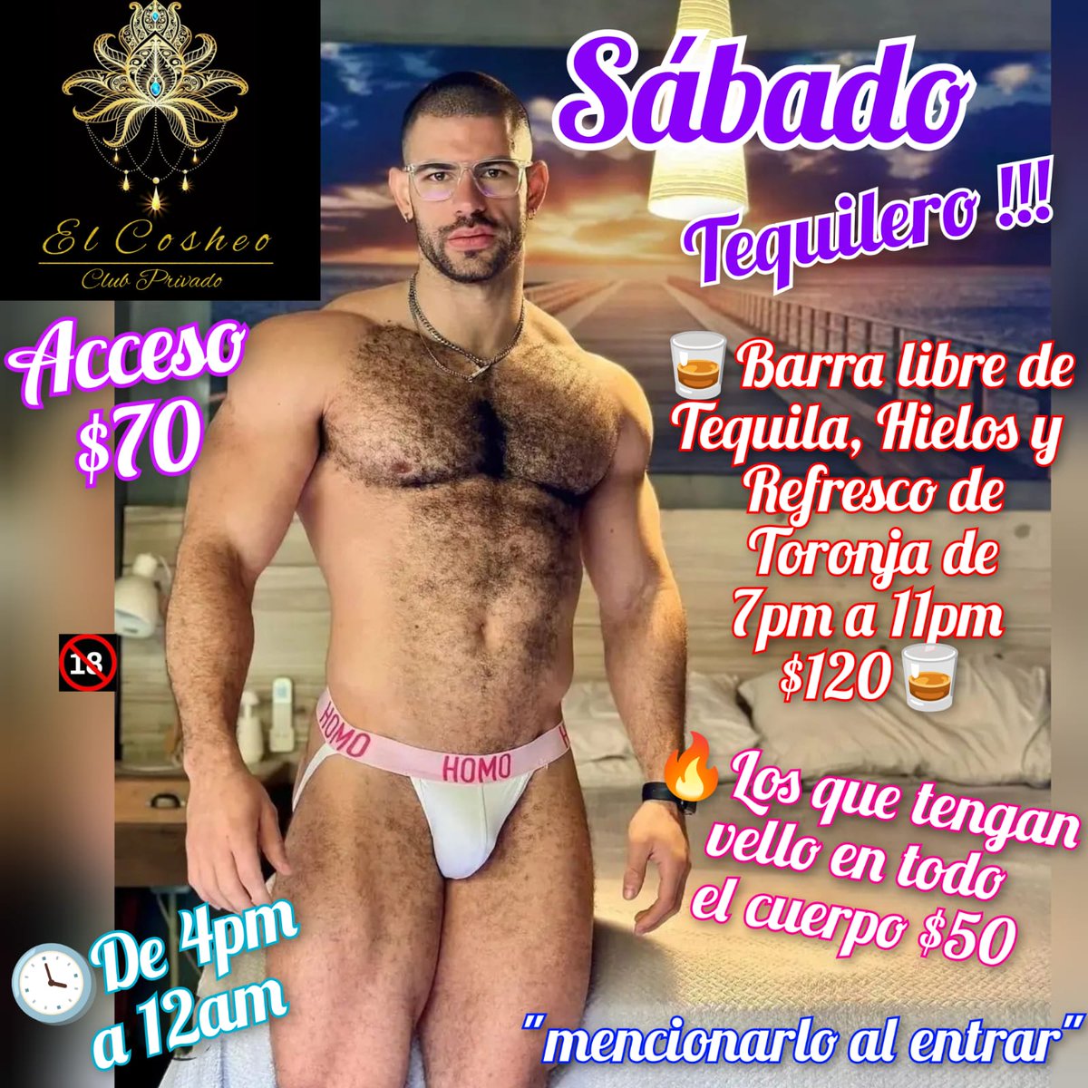 🥃🥃 SÁBADO TEQUILERO !!! 🥃🥃

🕓 De 4pm a 12am

💦 Acceso $70

🔥 Los que tengan vello en todo el cuerpo $50 "mencionarlo al entrar"

🥃 Barra libre de Tequila, hielos y refresco de toronja de 7pm a 11pm $120