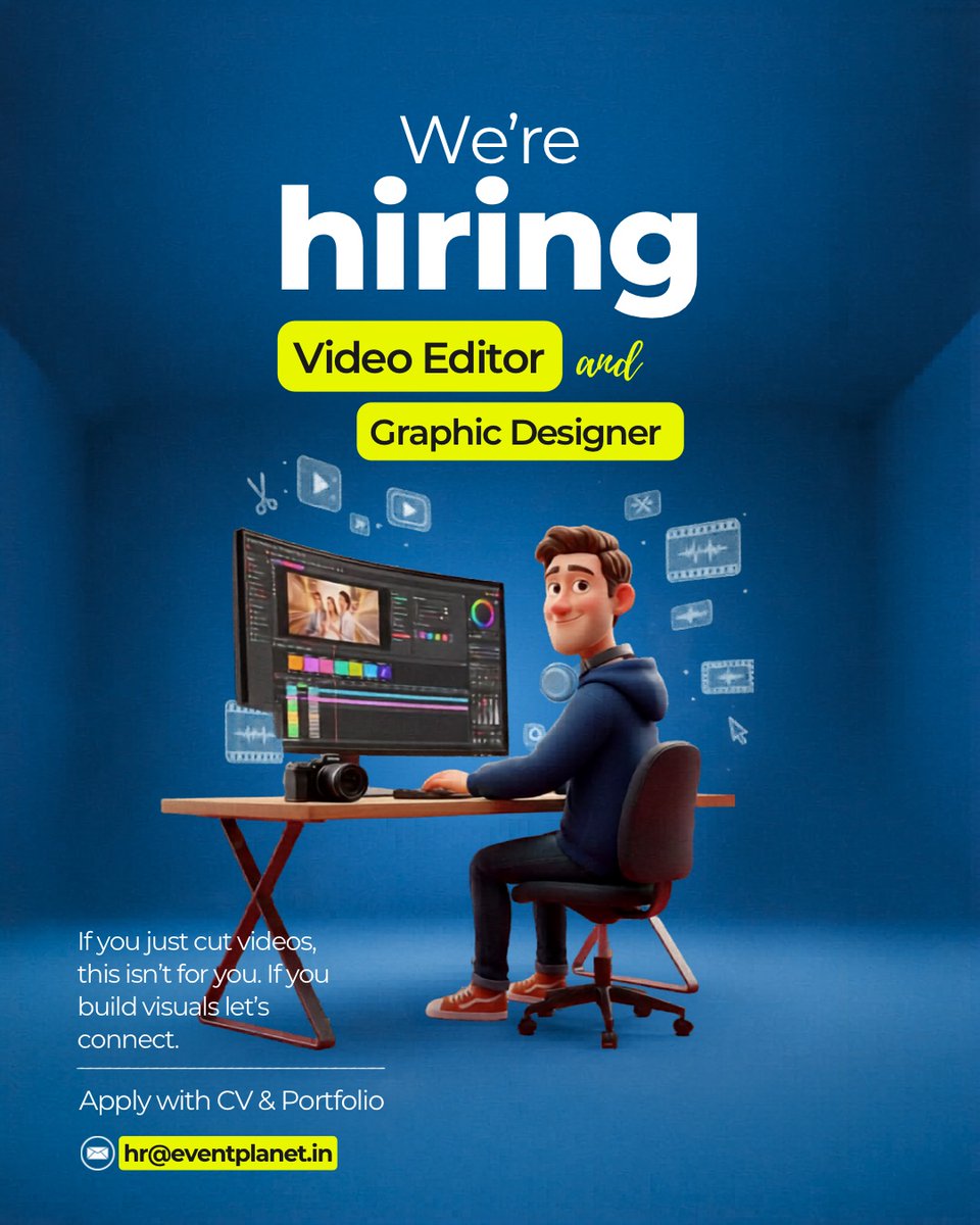 EventPlanet4's tweet image. 📌 𝐎𝐩𝐞𝐧 𝐑𝐨𝐥𝐞𝐬: Graphic Designer &amp;amp; Video Editor

📍 Location: Lucknow (In office)

💰 Payout: Competitive (based on skills &amp;amp; experience)

📩 Send your portfolio &amp;amp; resume: hr@eventplanet.in

📞 Call / WhatsApp: +91 81880 88875

#WeAreHiring #GraphicDesigner #VideoEditor