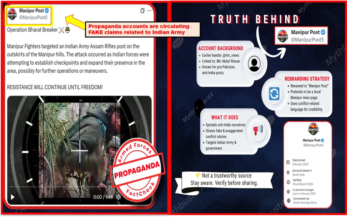 ThoibiK18's tweet image. 🚨 Bust the Bluff 🚨
❌ Fake claims from a Pak-based account about Manipur fighters targeting an Assam Rifles post.
✅ Fact: These are unverified, misleading, and part of a disinformation pattern.
⚠️ Verify before sharing. @GoI_MeitY
#StopFakeNews #VerifyBeforeYouShare #Manipur