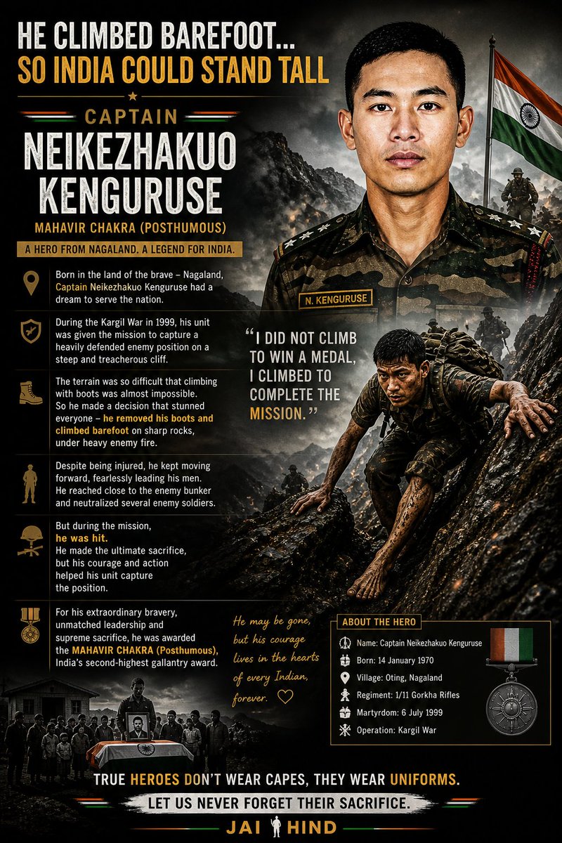 NortheastVibes1's tweet image. “He removed his boots…
and climbed into history. 🇮🇳
Captain Neikezhakuo Kenguruse—Nagaland’s pride in Kargil.
#KargilWar #IndianArmy #JaiHind”