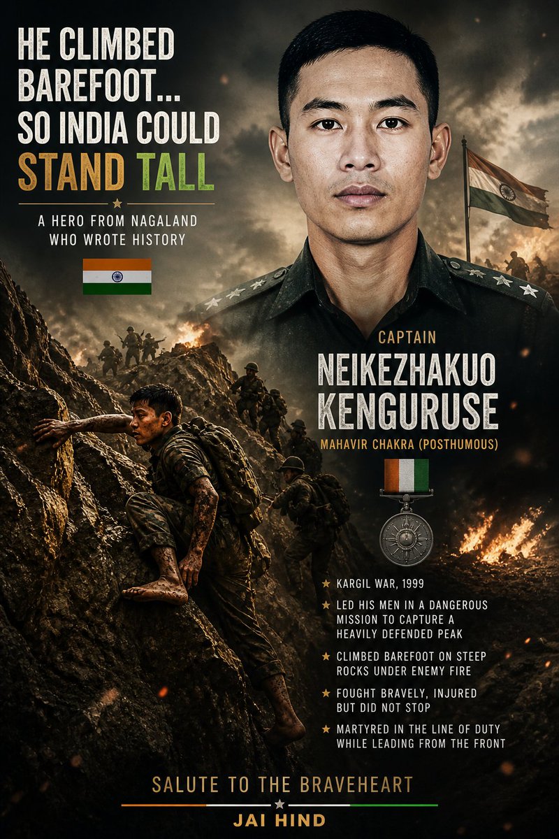 NortheastVibes1's tweet image. “He removed his boots…
and climbed into history. 🇮🇳
Captain Neikezhakuo Kenguruse—Nagaland’s pride in Kargil.
#KargilWar #IndianArmy #JaiHind”